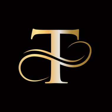 T Harfi İlk Lüks Logo Şablonu. T Logosu Altın Kavram. Altın Lüks Renkli ve Monogram Tasarımlı T Harfi Logosu