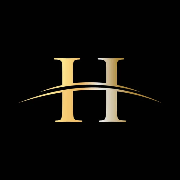 H标志设计豪华模板 最初的字母H标志公司的名称是彩色金色的Swoosh设计 现代企业和公司标识设计 — 图库矢量图片