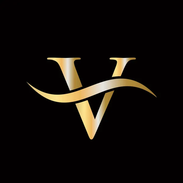 最初的V字母豪华标志模板 溢价V标志黄金概念 带有金色奢华色彩和专题设计的V字母标志 — 图库矢量图片
