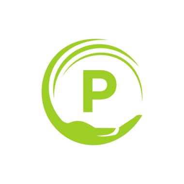 P harfi üzerindeki Charity Logo Şablonu İlk Birlik Vakfı İnsan Logosu İşareti. Birlik Ekibi Çalışma Logosu Şablonu ve P Harfi Tasarımı
