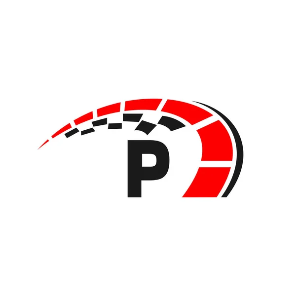 スポーツ車のロゴ上の手紙Pスピードコンセプト 車のサービスのための自動車テンプレート 速度計Pレターロゴデザインで車の修理 — ストックベクタ