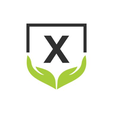 Charity Help Logo 'yu X harfi üzerinde tutuyor. Bakım, Paylaşım, Yardım, Sağlık, Bağış Örgütü X Logotype Tasarımı