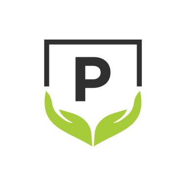 P harfi üzerinde Yardım Elleri Logosu Tasarım Şablonu. Bakım, Paylaşım, Yardım, Sağlık, Bağış Organizasyonu P Logotype Tasarımı