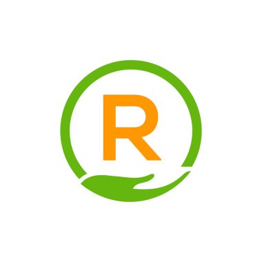 Hayır Kurumu R harfi üzerindeki logoyu kontrol ediyor. Bakım, Paylaşım, Yardım, Sağlık, Bağış Örgütü R Logotype Tasarımı