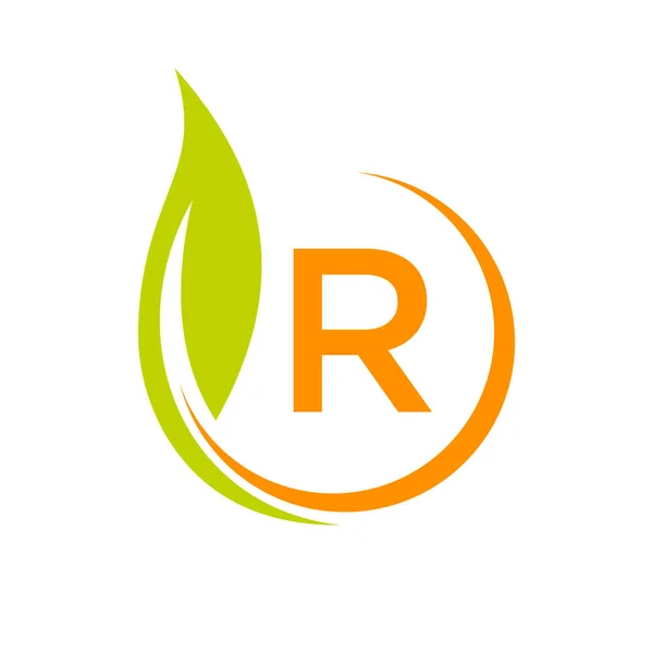 健康的なナチュラル製品ラベルロゴ上の手紙Rテンプレート 手紙R環境に優しい 緑の木の葉生態ベクトルコンセプト — ストックベクタ