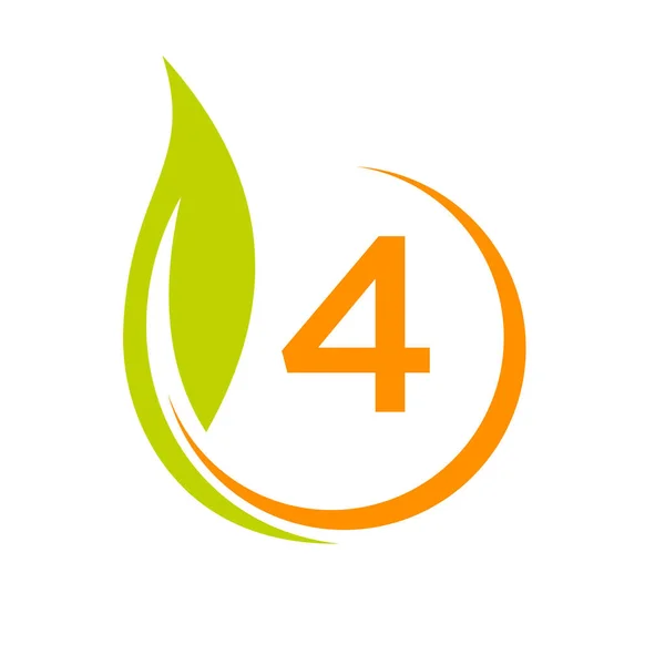 健康天然产品标签标在字母4模板上 信件4环保绿树叶面生态病媒概念 — 图库矢量图片