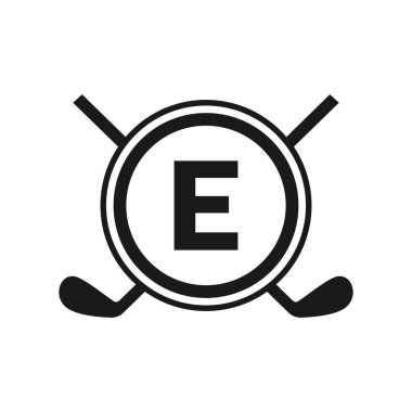 E harfi vektör şablonundaki hokey logosu. Amerikan Buz Hokeyi Turnuvası Spor Takımı Rozet Logosu
