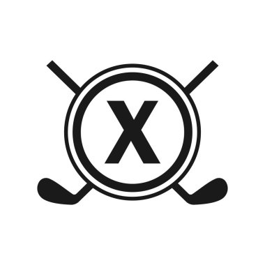 X harfi vektör şablonundaki hokey logosu. Amerikan Buz Hokeyi Turnuvası Spor Takımı Rozet Logosu