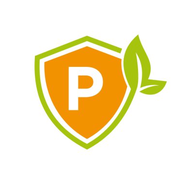 P harfi vektör şablonunda Eko Yaprak Tarım Logosu. Çevre İşareti, Tarım, Buğday Çiftliği, Kırsal Kır Çiftliği, Doğal Hasat Konsepti