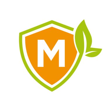 M harfi vektör şablonunda Eko Yaprak Tarım Logosu. Çevre İşareti, Tarım, Buğday Çiftliği, Kırsal Kır Çiftliği, Doğal Hasat Konsepti