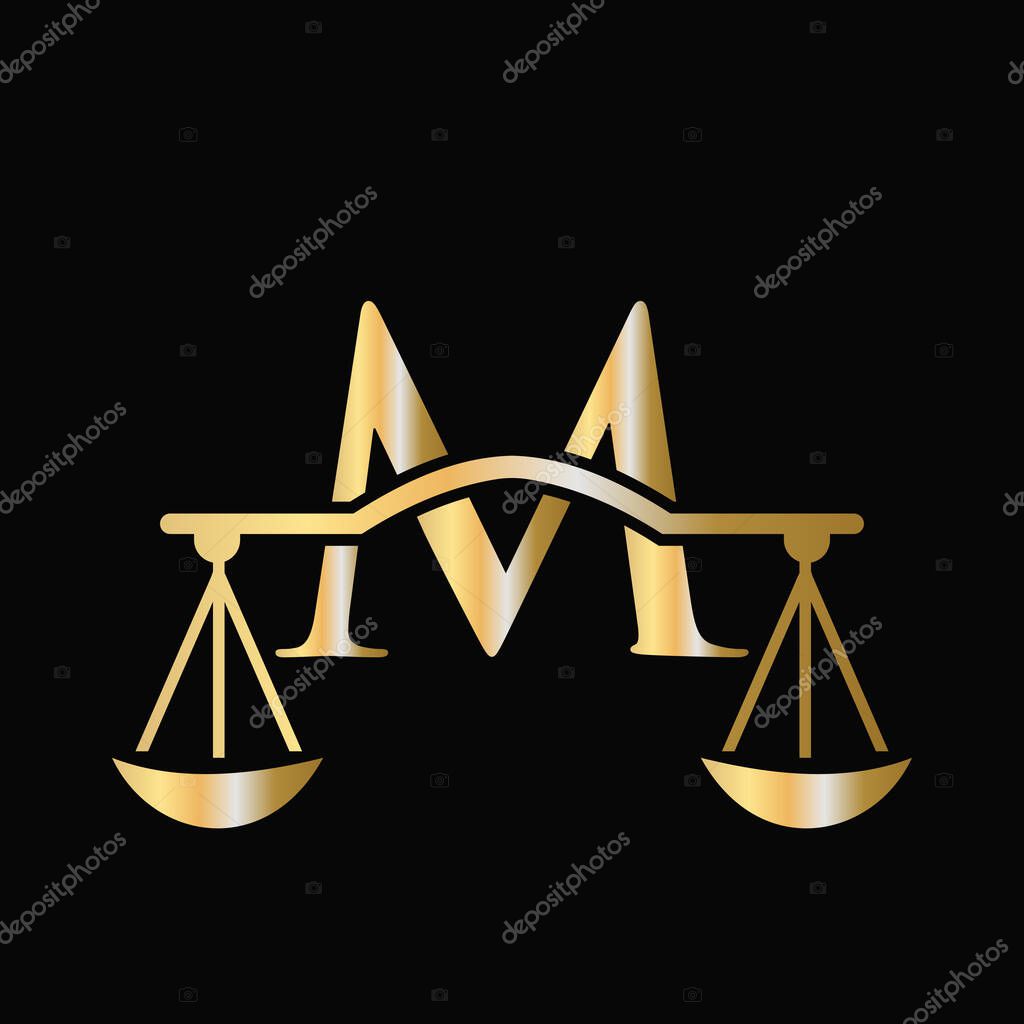 Letter M Scale Attorney Law Logo Design. Initial Pillar, Law firm, Attorney Sign Design On Letter M Concept Template