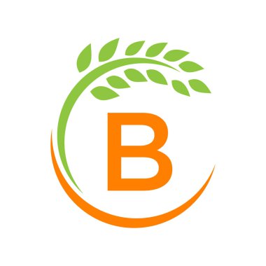 B harfi üzerinde tarım logosu. Tarım ve tarım otlağı, süt, ambar logosu tasarımı. Çiftlik Rozeti, Tarım İşletmeleri, B Harfi Şablonlu Eko-Çiftlik Tasarımı