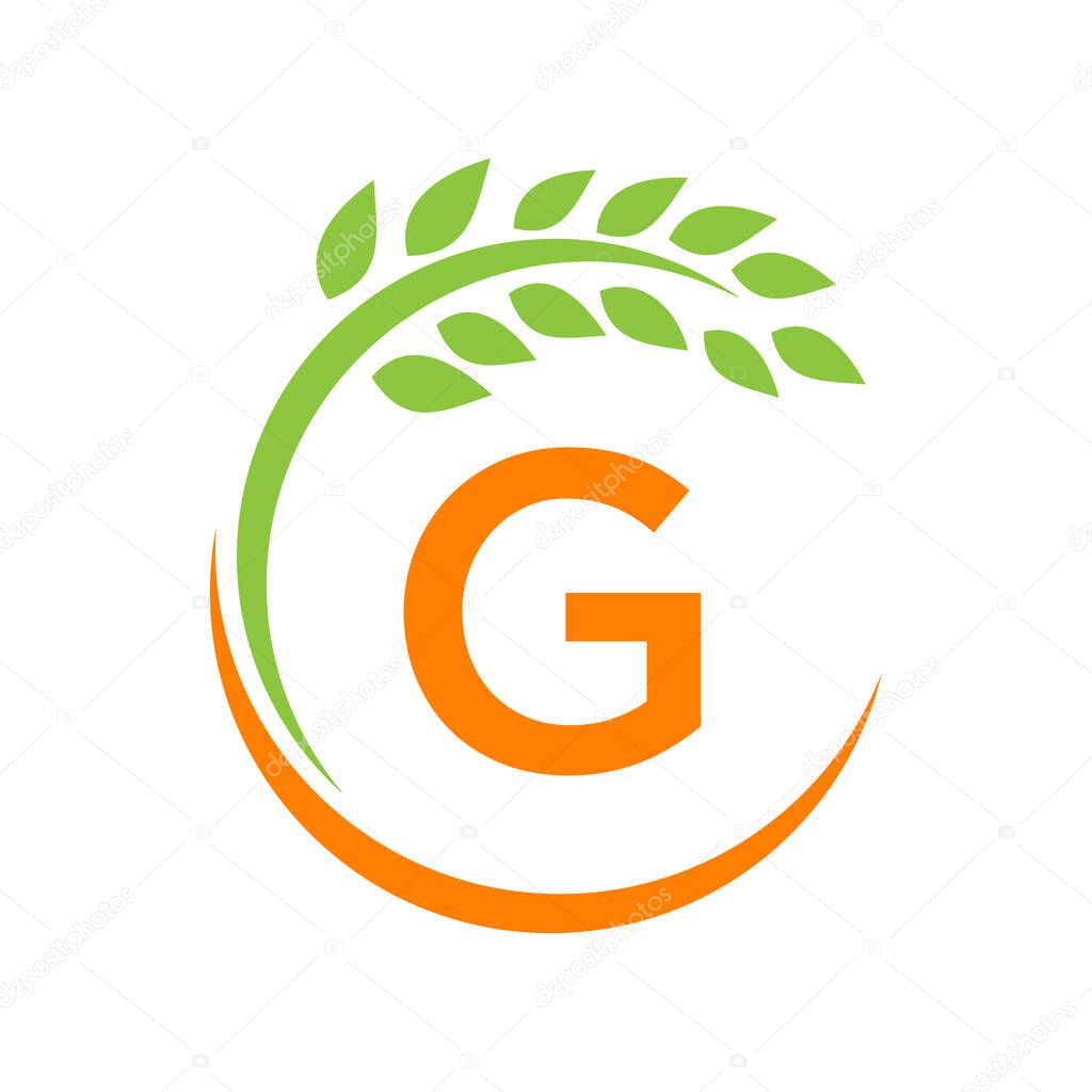 Agriculture Logo On G Letter Concept. Agriculture And Farming Pasture, Milk, Barn logo design. Farm Badge, Agribusiness, Eco-farm Design With G Letter Template