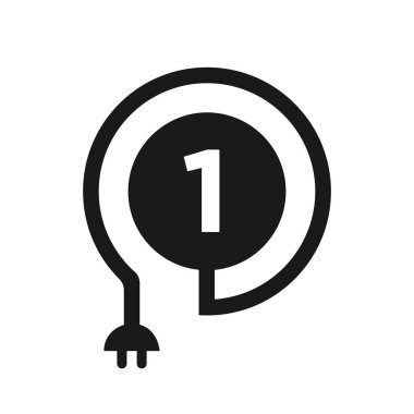1. harfin üzerinde elektrik logosu var. Curl Kablo ve Plug Adaptörü, Elektrik, Endüstriyel ve Teknoloji Vektör Şablonu ile 1 Harf Logosu