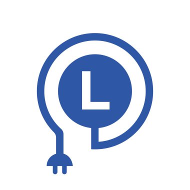 L harfinde elektrik logosu var. Curl Kablo ve Plug Adaptörü, Elektrik, Endüstriyel ve Teknoloji Vektör Şablonu ile L Harfi Logosu