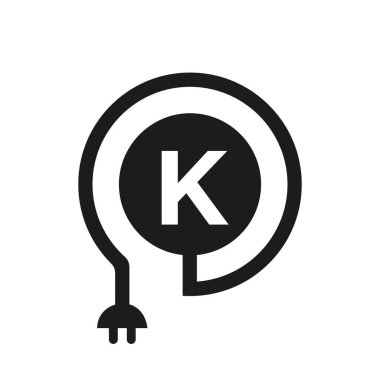 K harfinde elektrik logosu var. Curl Kablo ve Plug Adaptörü, Elektrik, Endüstriyel ve Teknoloji Vektör Şablonu ile K Harfi Logosu