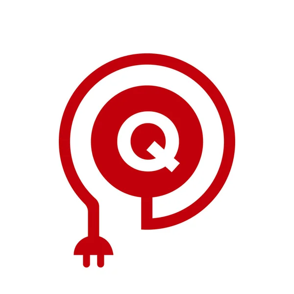 字母Q标志上的电气标志 带有卷曲电缆和插头适配器 工业和技术矢量模板的Q字母标识 — 图库矢量图片