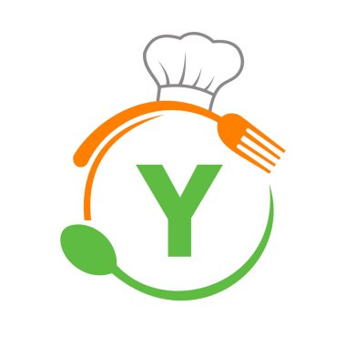 Şef Şapkalı Y harfi logosu, restoran logosu için çatal ve kaşık. Restoran Logosu Y harfi kaşık ve çatal kavramında.