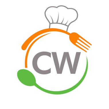 Şef Şapka Kaşığı ve Çatal Şablonu ile Harf CW Restoran Logosu. Restoran Logosu Harfte CW Barbekü, Logo Vektörü