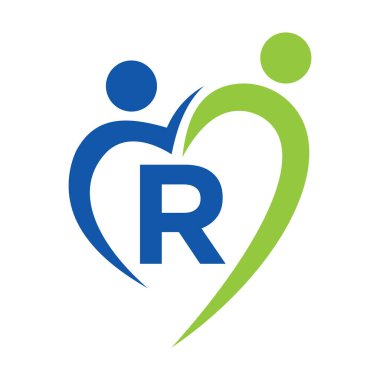 R harfi vektör şablonuna sosyal bakım logosu. Takım çalışması, Heart, People, Family Care, Love Logos. Hayır Kurumu Yaratıcı Hayır Kurumu R harfli İmza