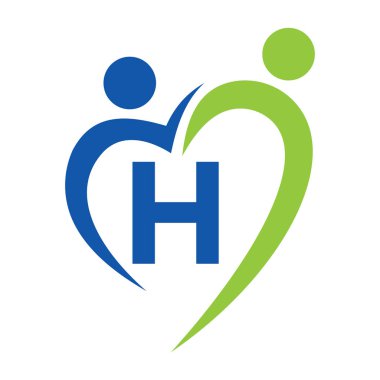 H harfi vektör şablonuna sosyal bakım logosu. Takım çalışması, Heart, People, Family Care, Love Logos. Yardım Vakfı Yaratıcı Bağış İmza H Harfi