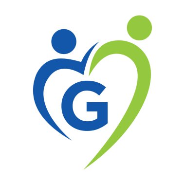 G harfi vektör şablonuna sosyal bakım logosu. Takım çalışması, Heart, People, Family Care, Love Logos. Yardım Vakfı Yaratıcı Bağış İmzası G harfiyle