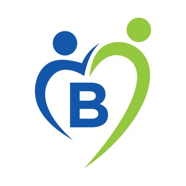 B harfi vektör şablonuna sosyal bakım logosu. Takım çalışması, Heart, People, Family Care, Love Logos. Hayır Kurumu Yaratıcı Bağış İmza B Mektubu