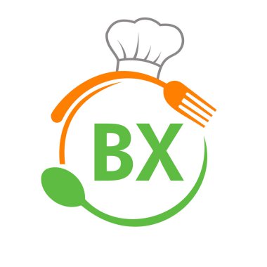 Şef Şapka Kaşığı ve Çatal Şablonu ile BX Logosu Mektubu. Restoran Logosu Harf BX Barbekü, Logo Vektörü
