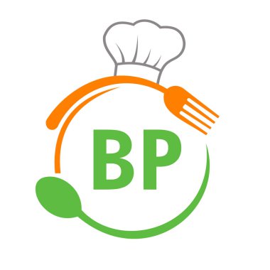 Şef Şapka Kaşığı ve Çatal Şablonu olan BP Restoran Logosu. Restoran Logosu Harf BP Barbeküsü, Logo Vektörü