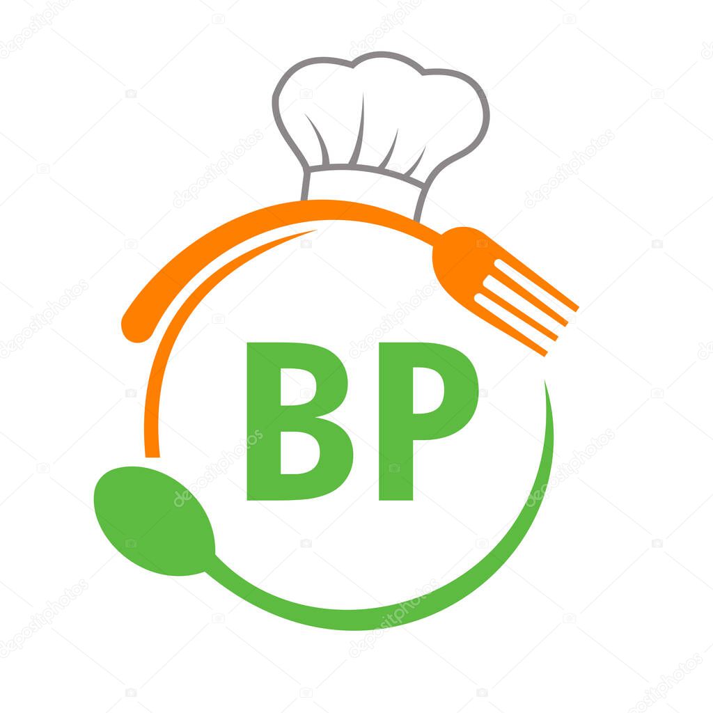 Letter BP Restaurant Logo with Chef Hat Spoon And Fork Template. Restaurant Logo On Letter BP Barbecue, Cafe Logo Vector