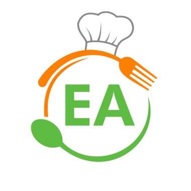 Şef Şapka Kaşığı ve Çatal Şablonu ile EA Restoran Logosu. Mektup EA Barbekü Restoran Logosu, Logo Vektörü