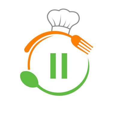 Şef Şapka Kaşığı ve Çatal Şablonu olan Mektup II Restoran Logosu. Logo Logosu 2. Mektup Barbekü, Logo Vektörü
