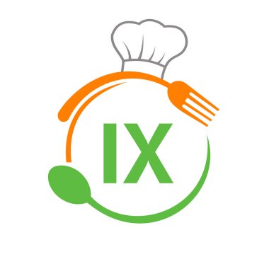 Şef Şapka Kaşığı ve Çatal Şablonu ile IX Logosu. Logo Logosu Mektup IX Barbekü, Logo Vektörü