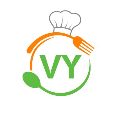 Şef Şapka Kaşığı ve Çatal Şablonu ile VY Restoran Logosu. Restoran Logosu Mektup VY Barbekü, Logo Vektörü