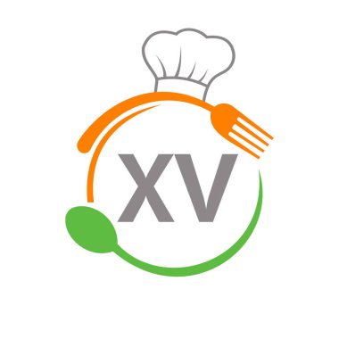 Şef Şapka Kaşığı ve Çatal Şablonu ile XV Restoran Logosu. Logo Logosu Mektup XV Barbekü, Logo Vektörü