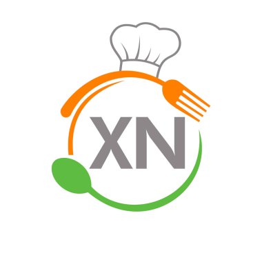 Şef Şapka Kaşığı ve Çatal Şablonu olan XN Logosu. Restoran Logosu Harf XN Barbekü, Logo Vektörü
