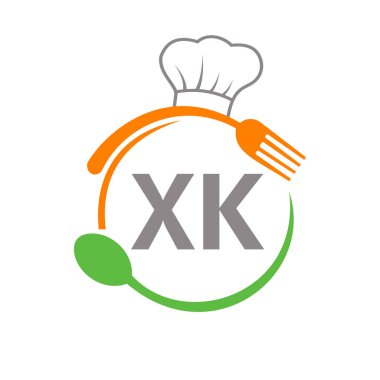 Şef Şapka Kaşığı ve Çatal Şablonu olan XK Restoran Logosu. Restoran Logosu Harf XK Barbekü, Logo Vektörü