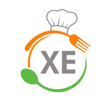 Şef Şapka Kaşığı ve Çatal Şablonu olan XE Restoran Logosu. Restoran Logosu Harf XE Barbekü, Logo Vektörü