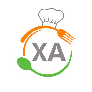 Şef Şapka Kaşığı ve Çatal Şablonu ile XA Restoran Logosu. Restoran Logosu Harf XA Barbekü, Logo Vektörü