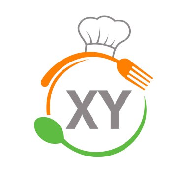 Şef Şapka Kaşığı ve Çatal Şablonu ile XY Restoran Logosu. Restoran Logosu Mektup XY Barbekü, Logo Vektörü