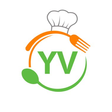 Şef Şapka Kaşığı ve Çatal Şablonu ile YV Restoran Logosu. Restoran Logosu YV Barbeküsü, Logo Vektörü
