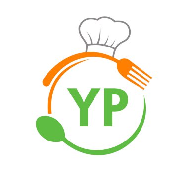 Şef Şapka Kaşığı ve Çatal Şablonu olan YP Restoran Logosu. Restoran Logosu Harfte YP Barbekü, Logo Vektörü