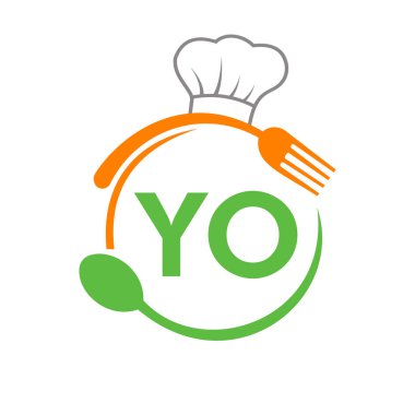 Şef Şapka Kaşığı ve Çatal Şablonu ile Restoran Logosu Mektubu. Restoran Logosu Mektup YO Barbeküsü, Logo Vektörü