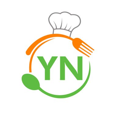 Şef Şapka Kaşığı ve Çatal Şablonu olan YN Restoran Logosu. Restoran Logosu YN Barbeküsü, Logo Vektörü