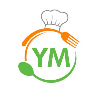 Şef Şapka Kaşığı ve Çatal Şablonu olan YM Restoran Logosu. Restoran Logosu Harf YM Barbekü, Logo Vektörü