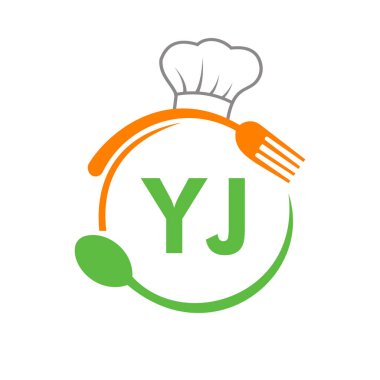 Şef Şapka Kaşığı ve Çatal Şablonu ile YJ Restoran Logosu Mektubu. Restoran Logosu YJ Barbeküsü, Logo Vektörü