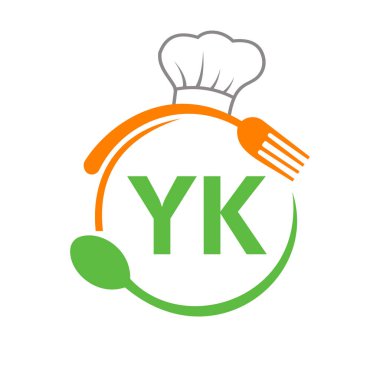 Şef Şapka Kaşığı ve Çatal Şablonu olan YK Restoran Logosu. Restoran Logosu YK Barbeküsü, Logo Vektörü