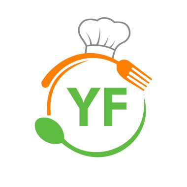 Şef Şapka Kaşığı ve Çatal Şablonu olan YF Restoran Logosu. Restoran Logosu YF Barbeküsü, Logo Vektörü