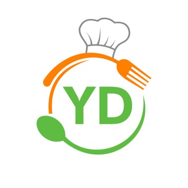 Şef Şapka Kaşığı ve Çatal Şablonu ile YD Logosu Mektubu. Restoran Logosu YD Harfi üzerinde Barbekü, Kafe Logo Vektörü