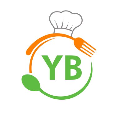 Şef Şapka Kaşığı ve Çatal Şablonu olan YB Restoran Logosu. Restoran Logosu Harf YB Barbekü, Logo Vektörü